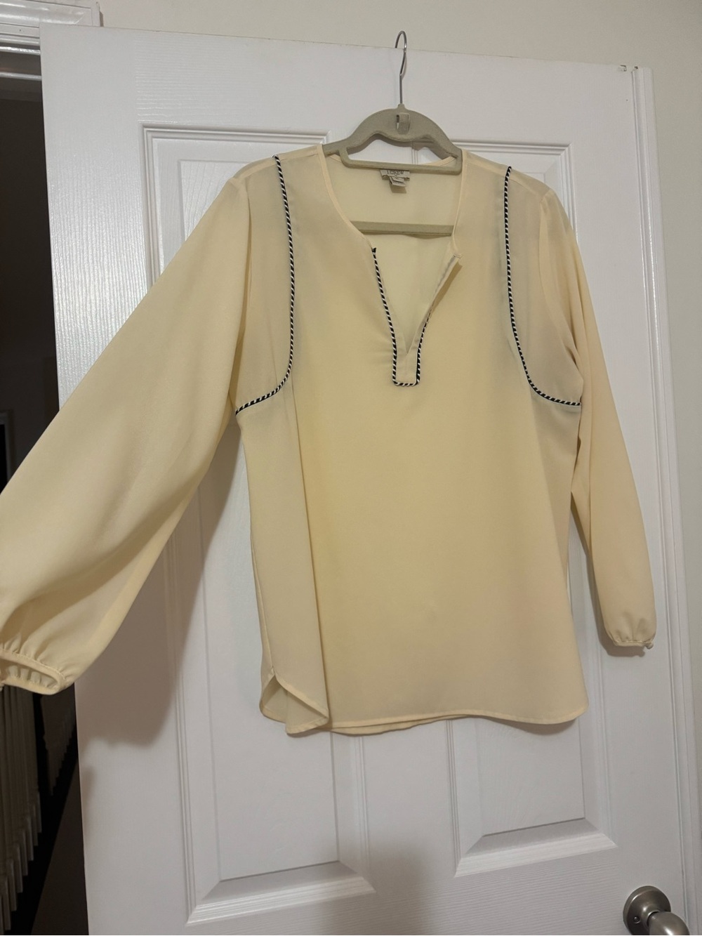 J. Crew Pale Yellow Split-Neck Blouse with Navy Trim